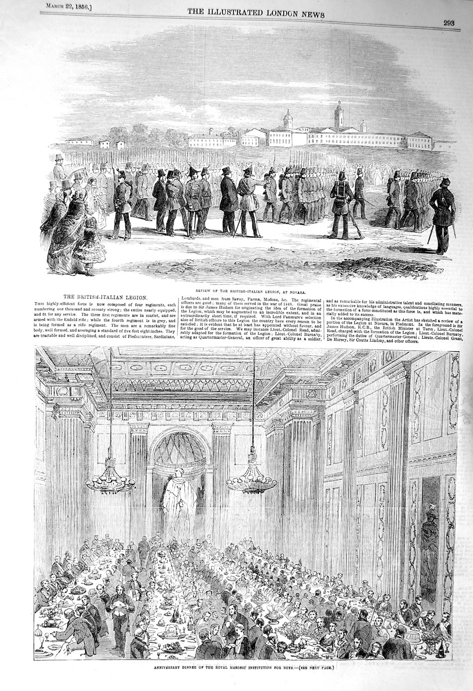 Old Antique Print 1856 British-Italian Legion Novara Masonic Institution 19th