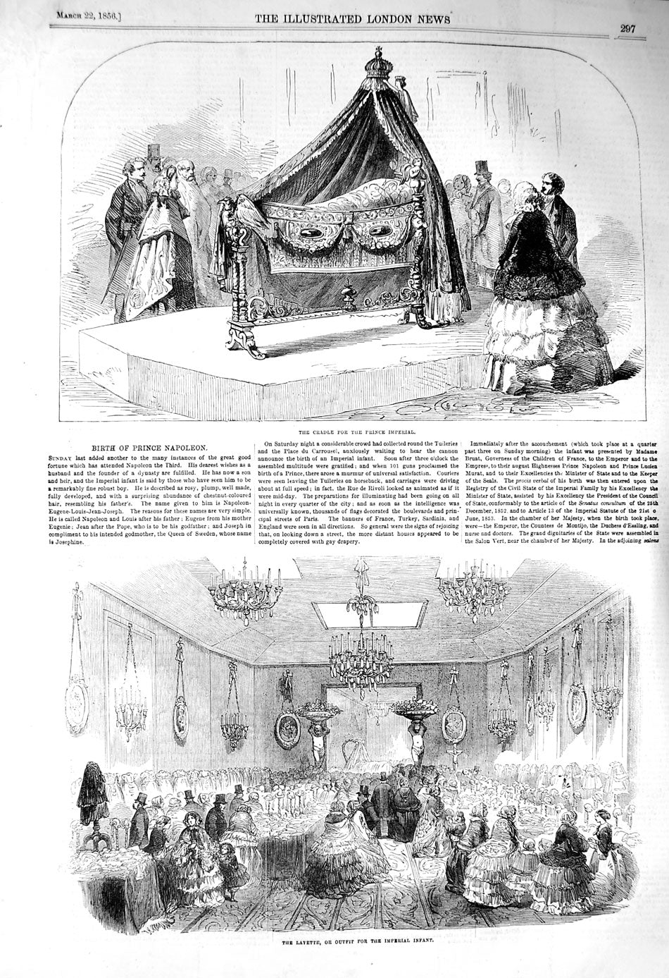 Original Old Antique Print 1856 Cradle Prince Imperial Layette Outfit Roy 19th
