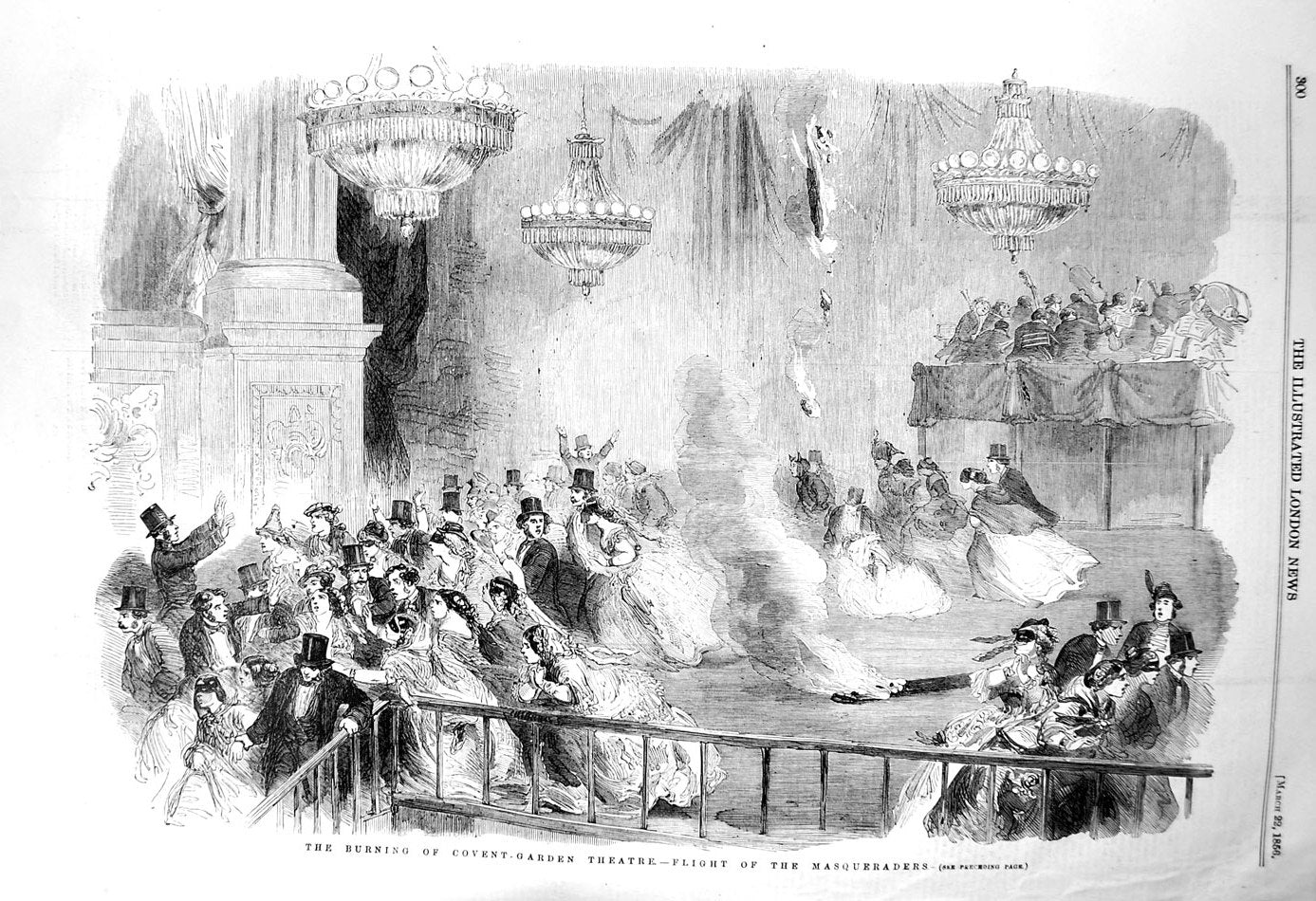 Original Old Antique Print 1856 Burning Covent Garden Theatre Masqu Victorian