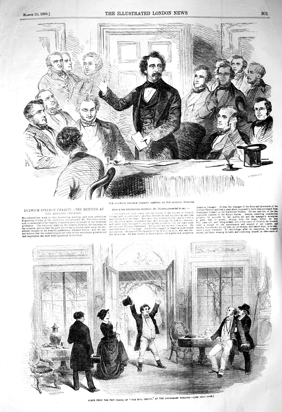 Old Antique Print 1856 Dulwich College Charity Adelphi Theatre Haymarket 19th