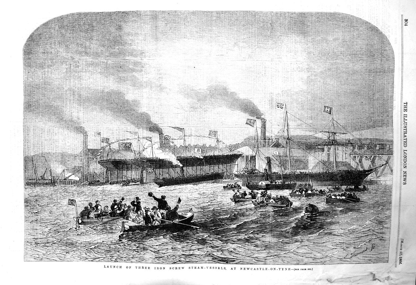 Old Antique Print 1856 Launch Iron Screw Steam Ship Newcastle-Upon-Tyne 19th
