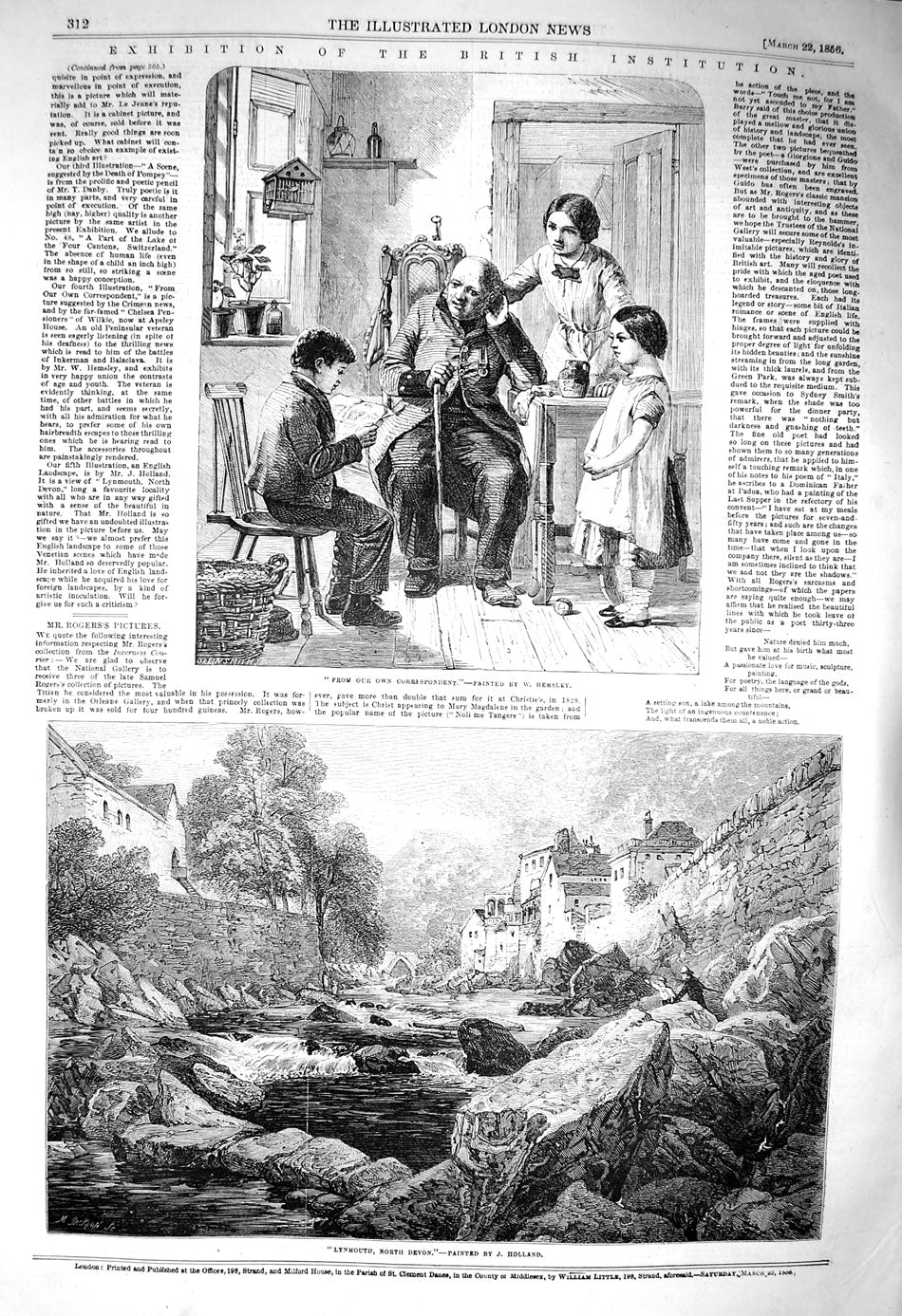 Original Old Antique Print 1856 View Lynmouth North Devon Newspaper Man C 19th