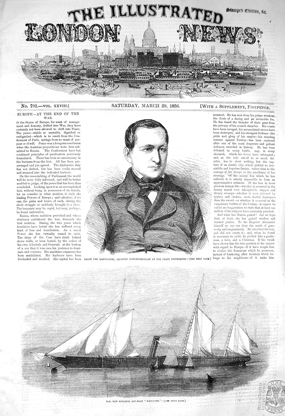 Original Old Antique Print 1856 Baron Von Manteuffel Dispatch Ship Wanderer