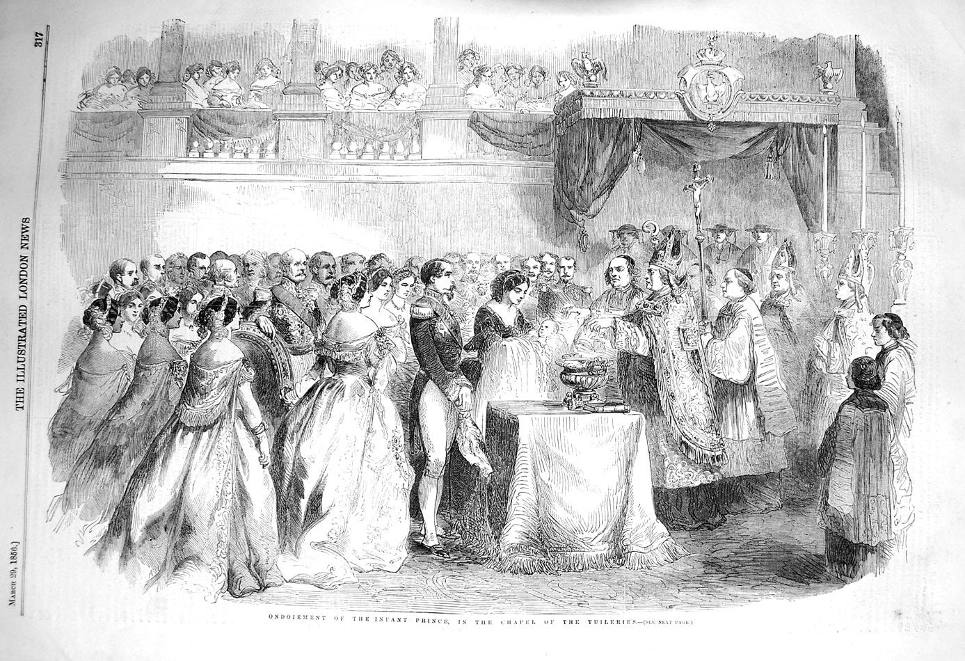 Old Antique Print 1856 Ondoiement Infant Prince Chapel Tuileries France 19th