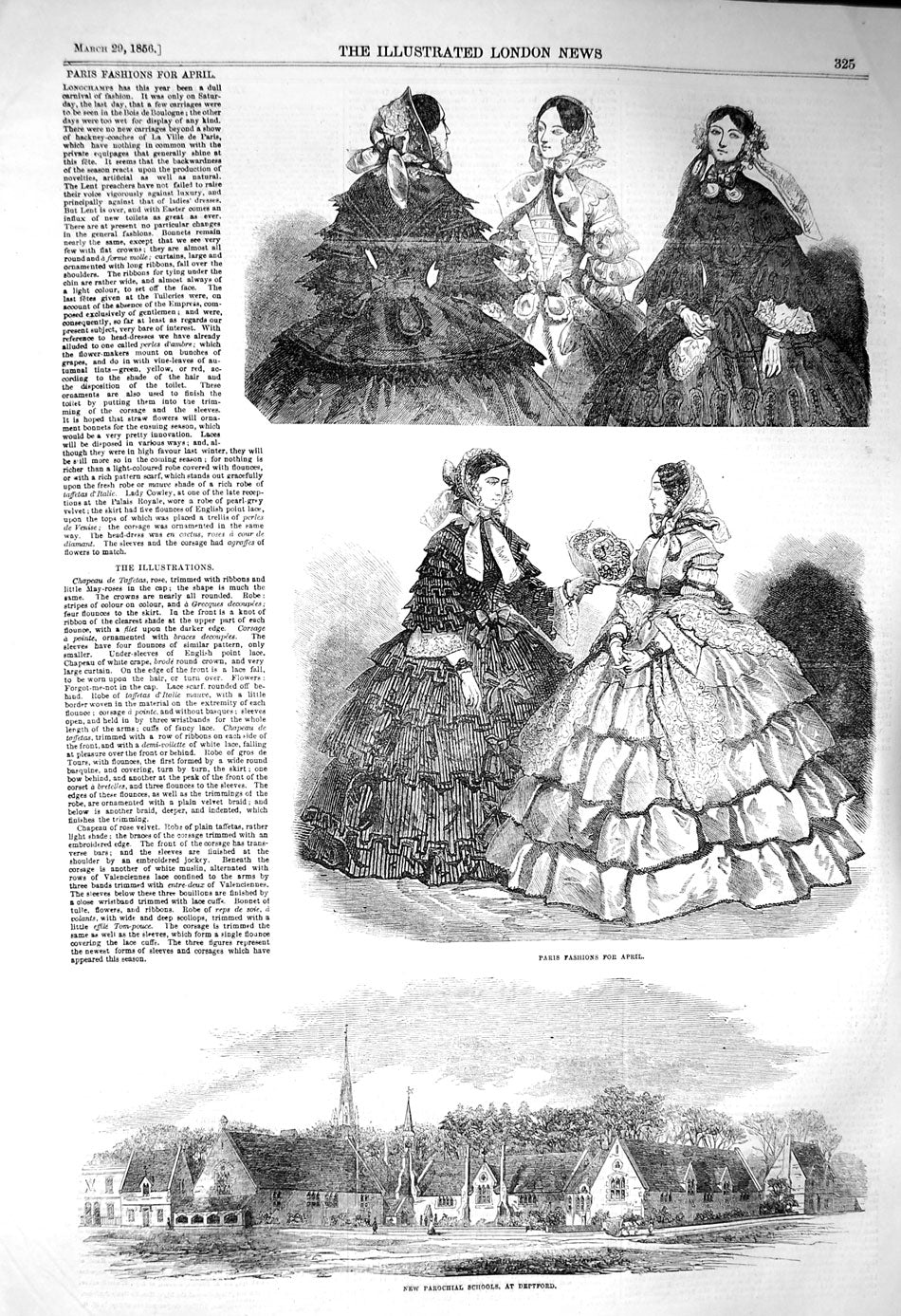 Original Old Antique Print 1856 Paris Fashion April Parochial Schools Deptford