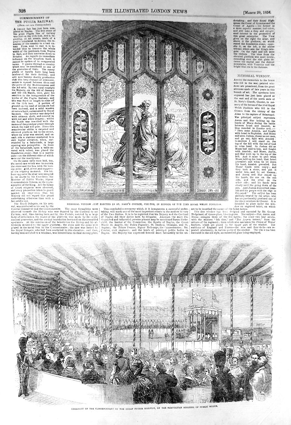 Original Old Antique Print 1856 Memorial Window Mary'S Church Puglia Railway