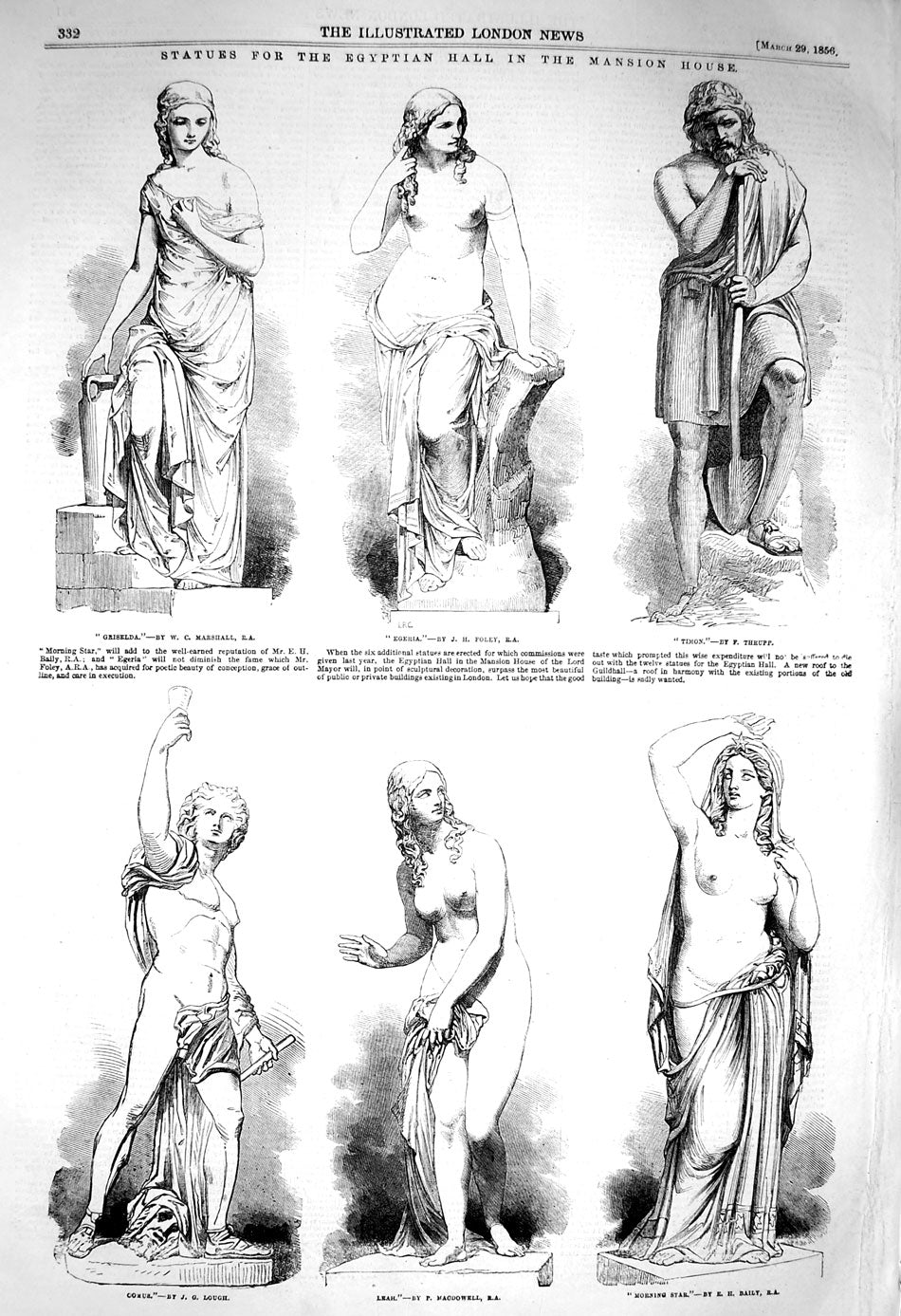Original Old Antique Print 1856 Statues Egyptian Hall Mansion House Comus Leah