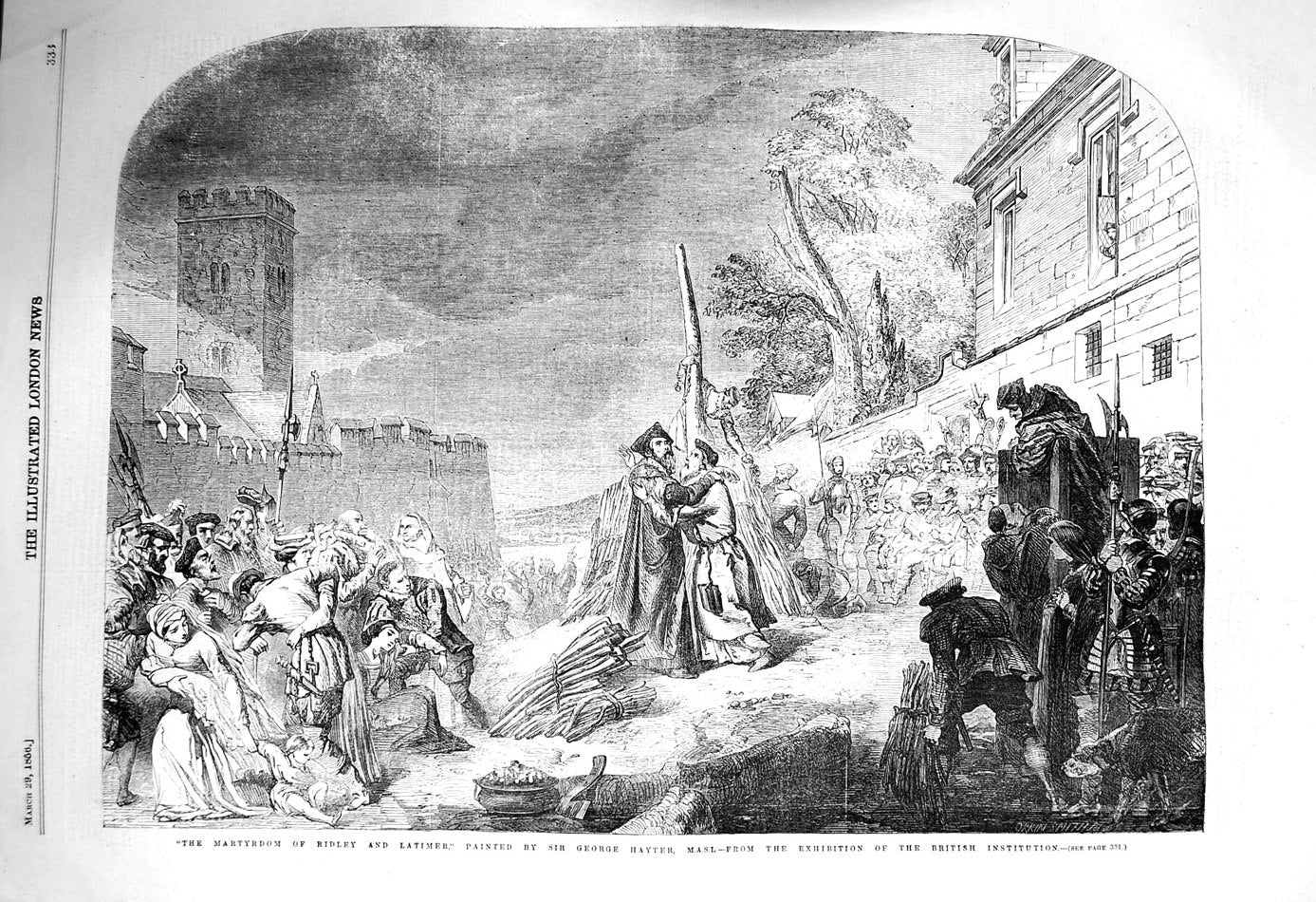 Original Old Antique Print 1856 Martyrdom Ridley Latimer Scene George Hayter
