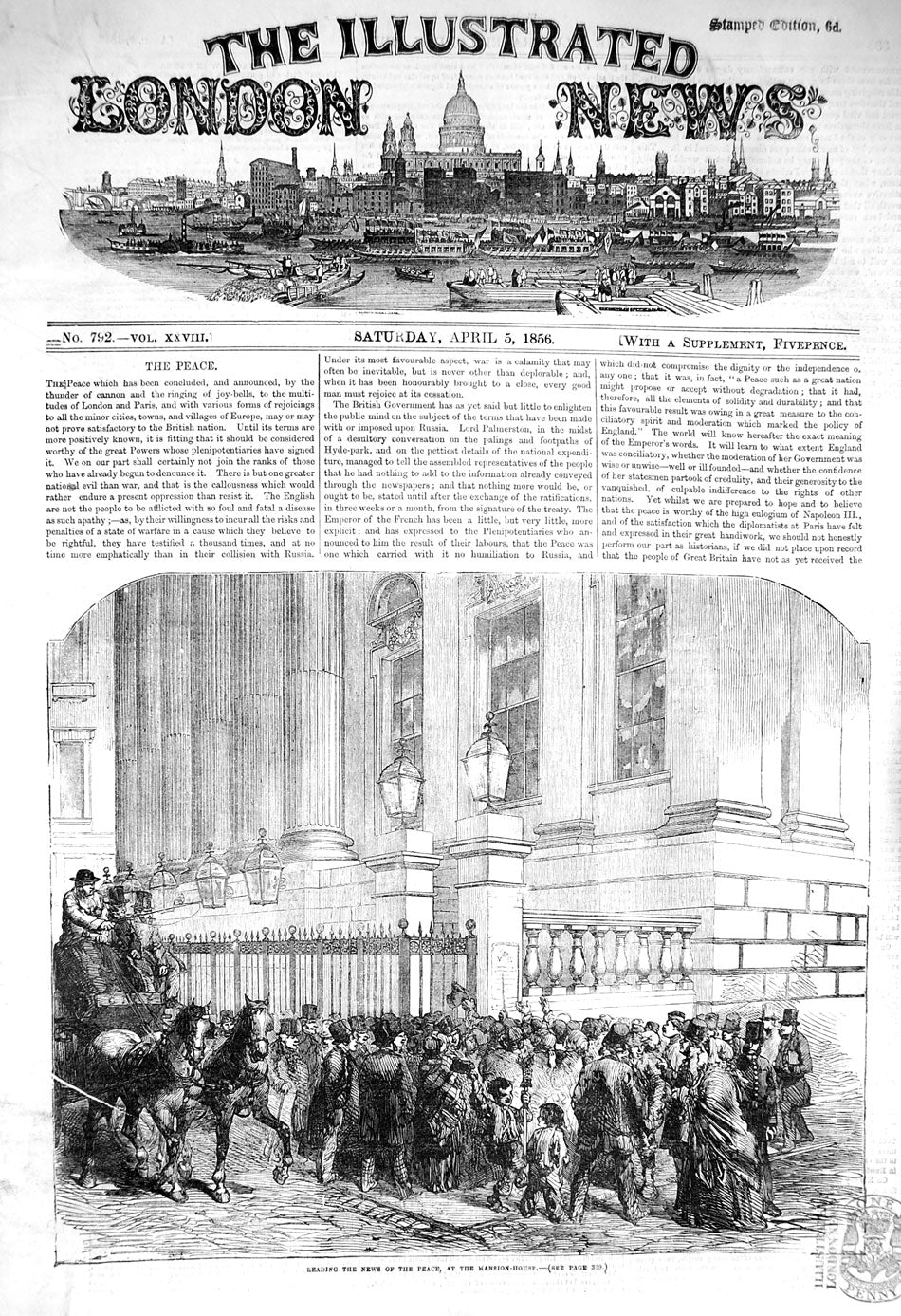 Original Old Antique Print 1856 Reading News Peace Mansion House 19th