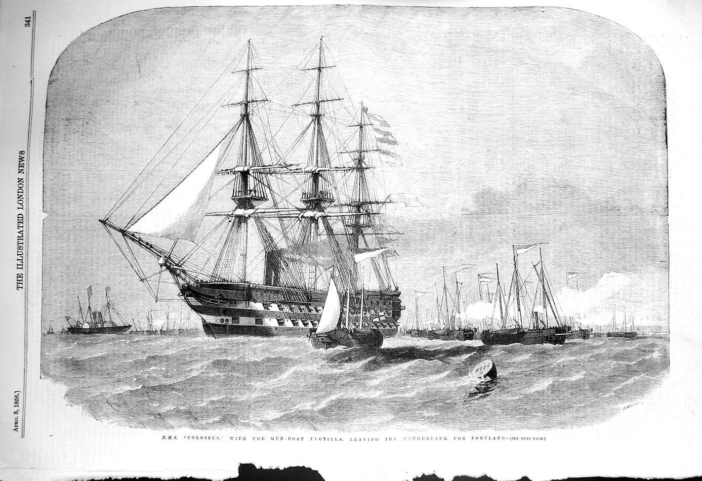 Old Antique Print 1856 Ship H.M.S. Gun-Boat Flotilla Motherbank Portland 19th