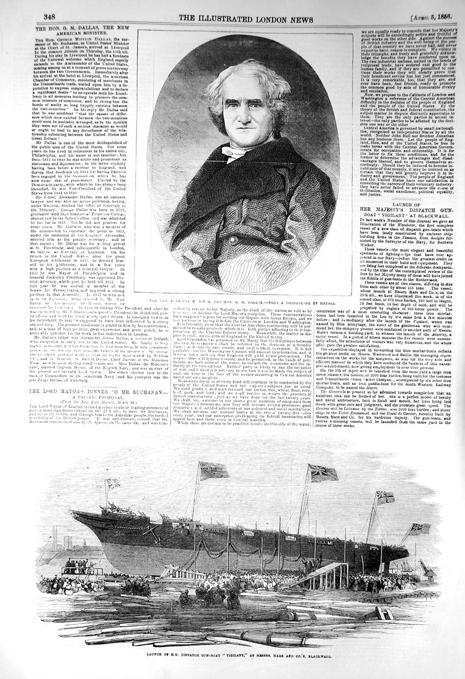 Original Old Antique Print 1856 American Minister Dallas Despatch Ship Vigilant