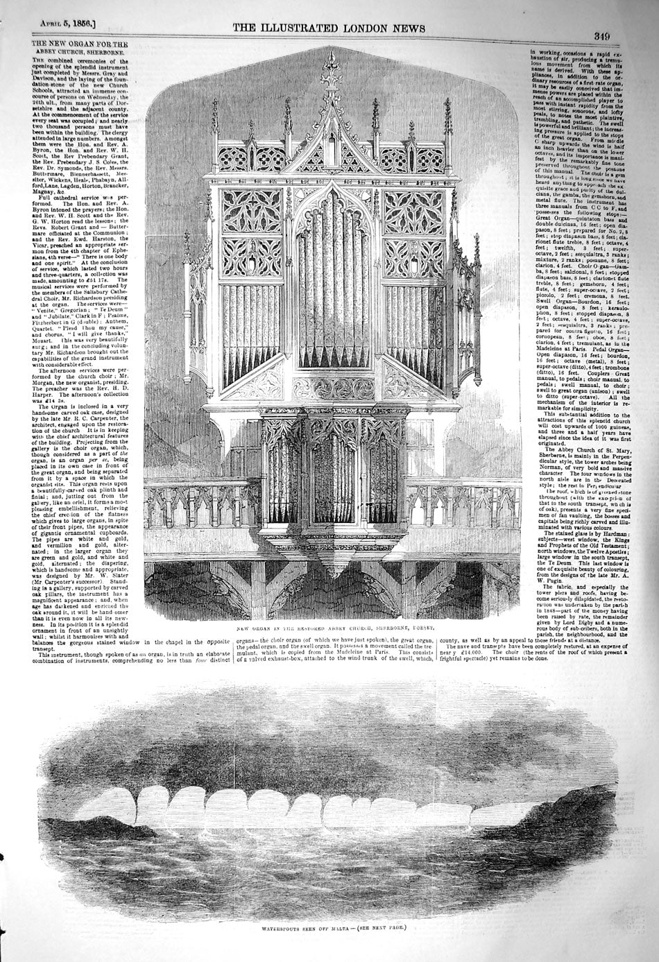 Original Old Antique Print 1856 Organ Abbey Church Sherborne Waterspout 19th