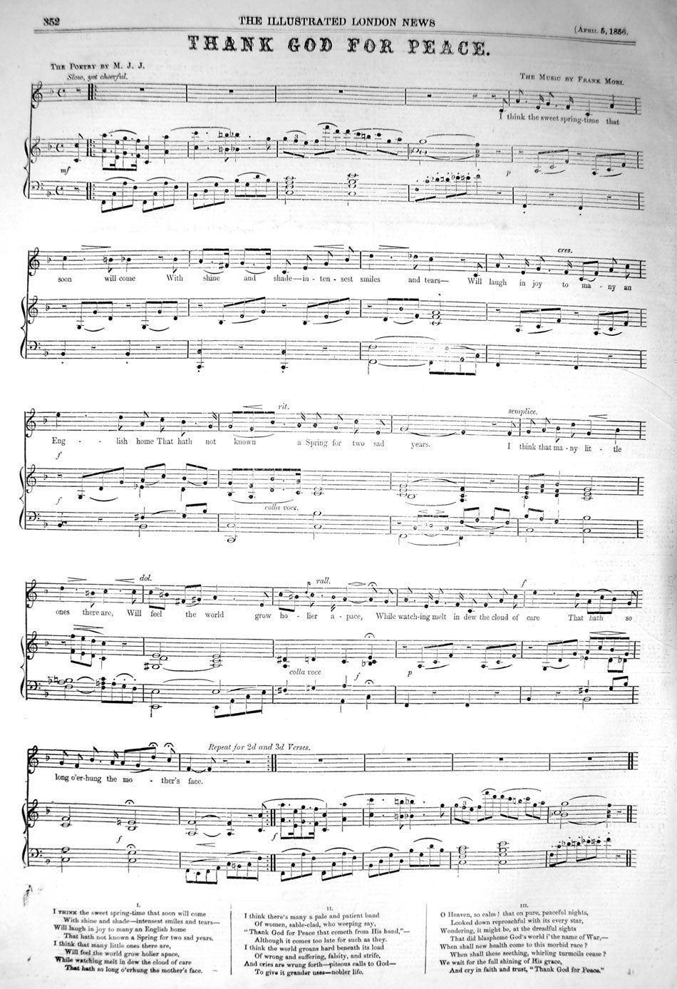 Original Old Antique Print 1856 Sheet Music Thank God For Peace Frank Mori 19th
