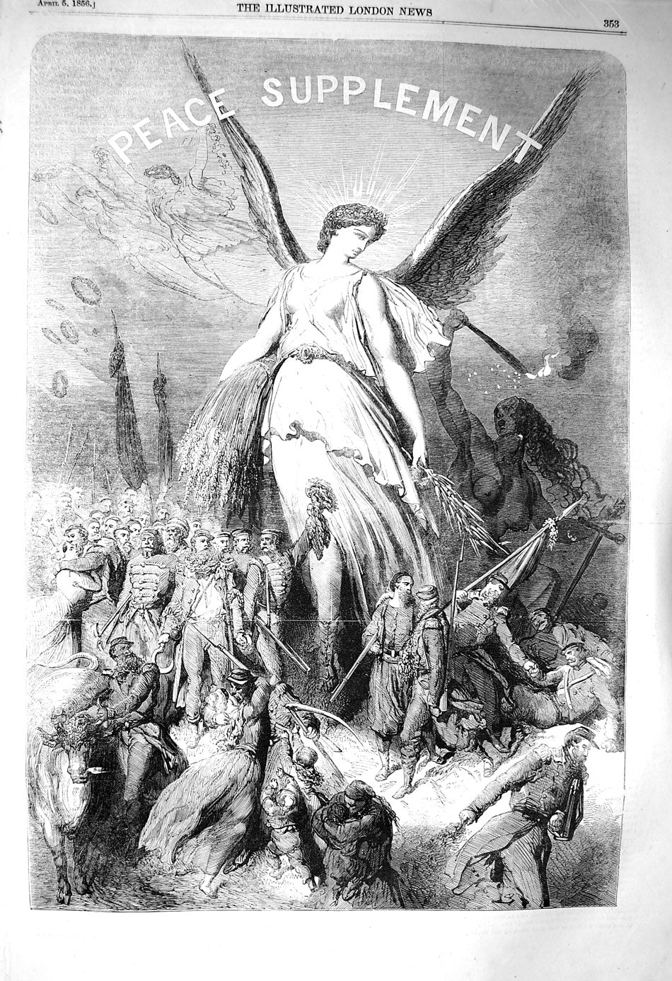 Original Old Antique Print 1856 Peace Supplement Angel Wings Siers Uniform 19th