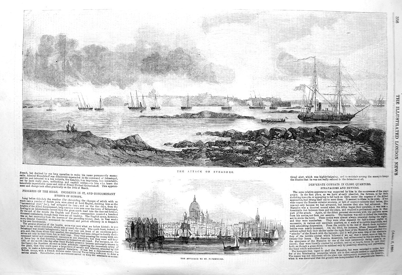 Original Old Antique Print 1856 Ships Attack Sveaborg St. Petersburg Russia
