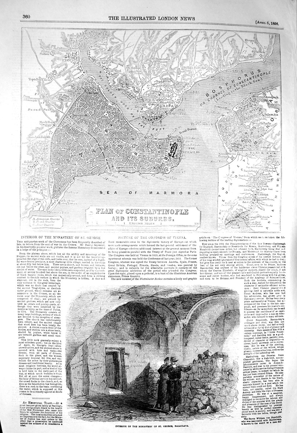 Original Old Antique Print 1856 Plan Constantinople Monastery George Balaclava