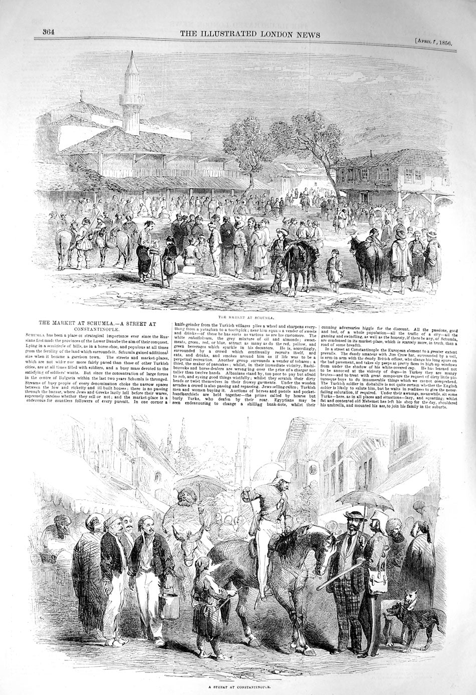 Original Old Antique Print 1856 Market Schumla Constantinople Street Scene 19th