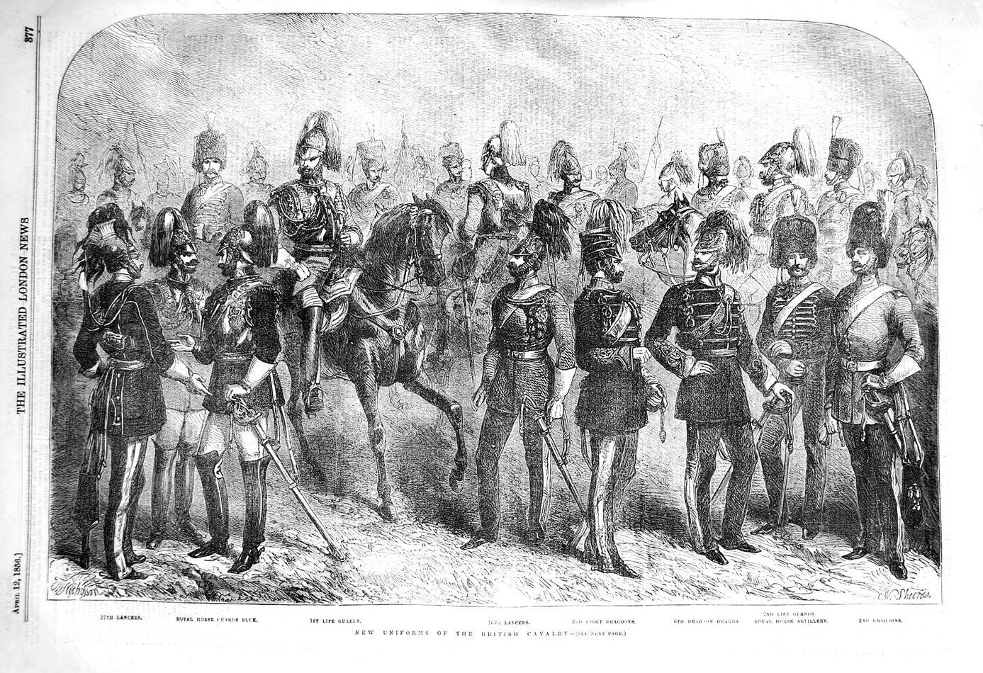 Old Antique Print 1856 War Uniforms British Cavalry Lancers Horse Guards 19th