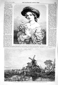 Old Antique Print 1856 Marshes Windmill Cattle Girl Lily Flowers Fine Art 19th