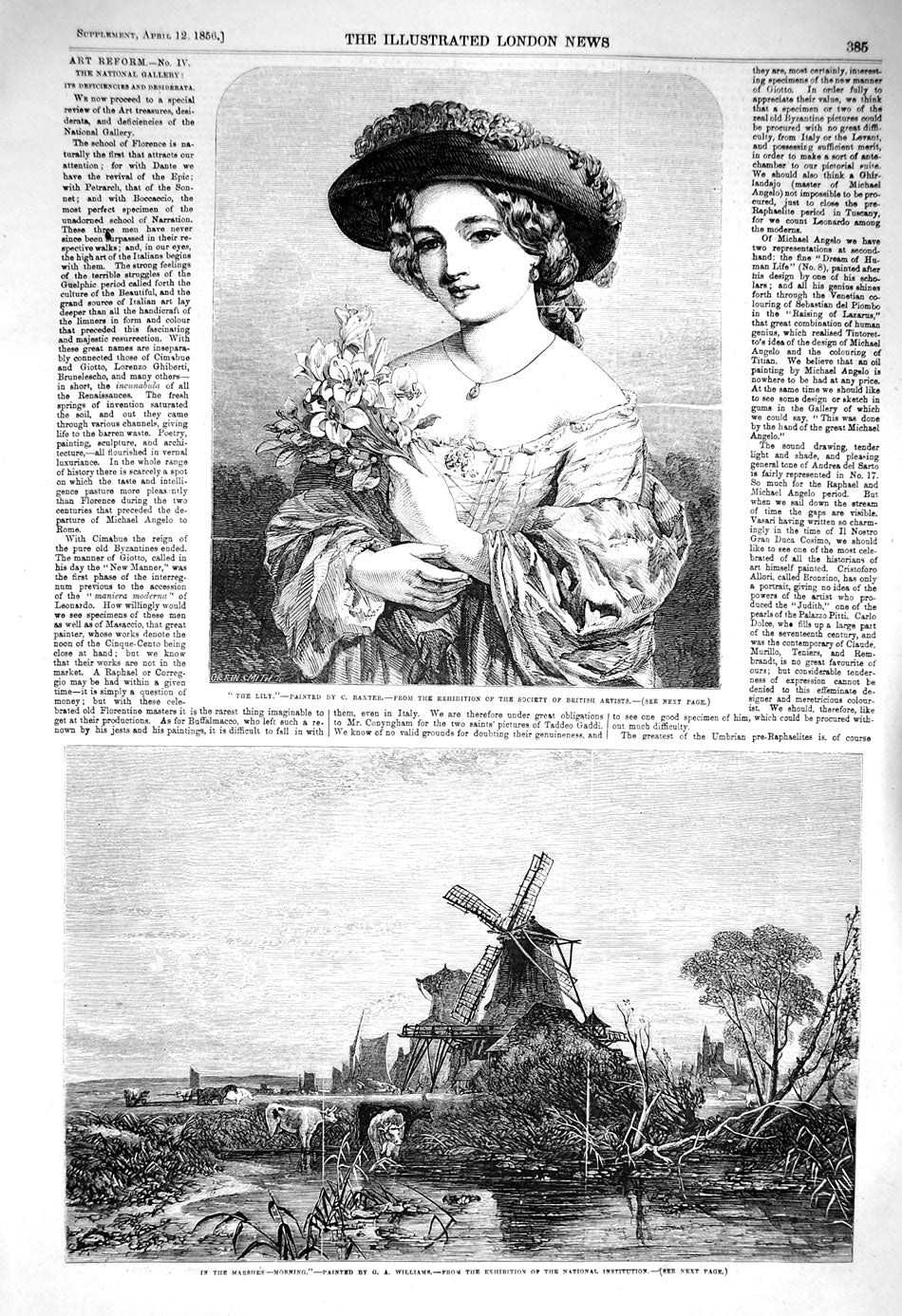 Old Antique Print 1856 Marshes Windmill Cattle Girl Lily Flowers Fine Art 19th