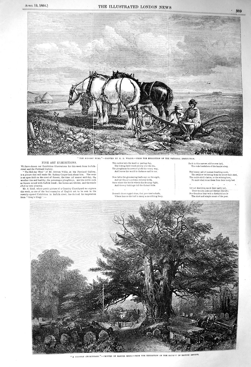 Old Antique Print 1856 Country Churchyard Read Fine Art Horse Plough Farm 19th