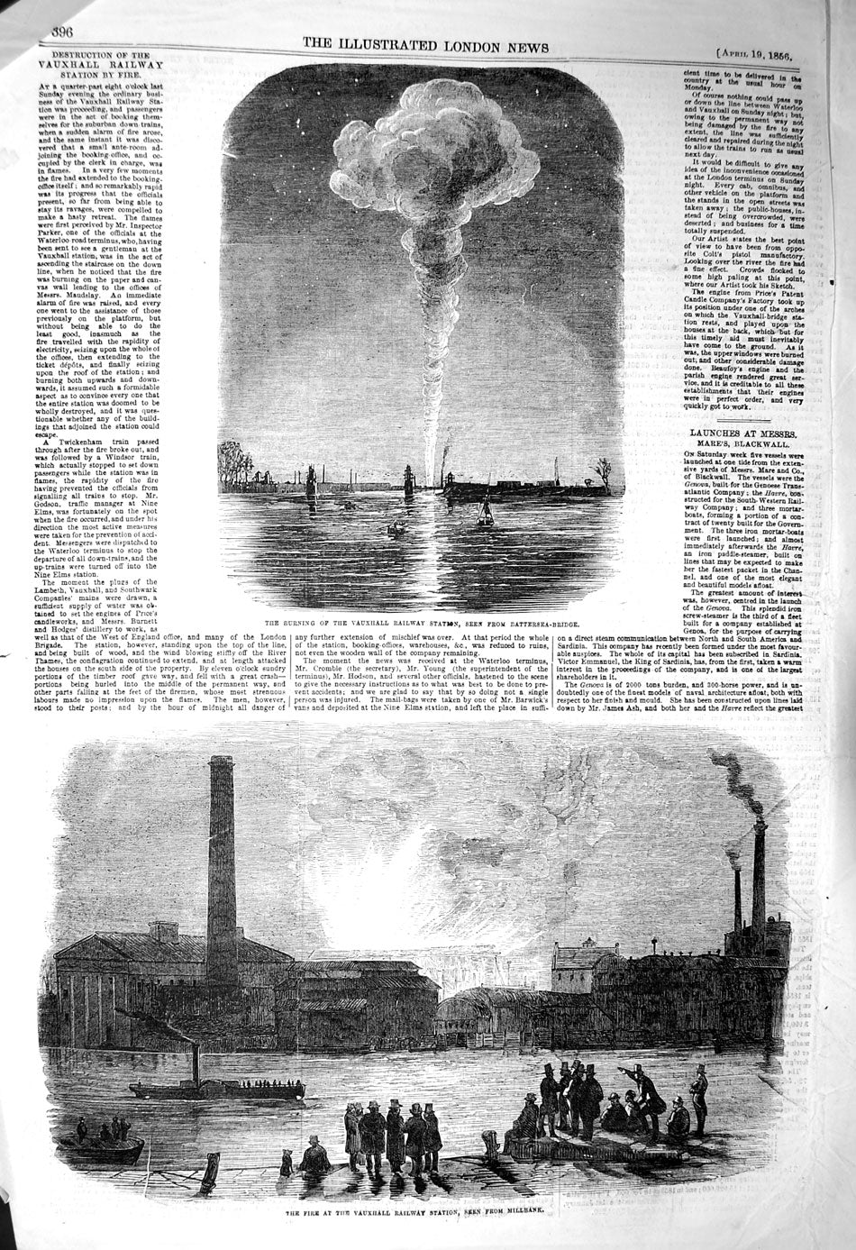 Old Antique Print 1856 Vauxhall Railway Station Battersea Millbank River 19th