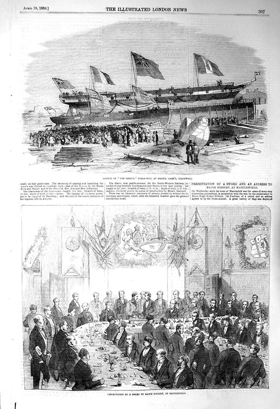 Antique Print *3207 1856 Launch Genova Ship Blackwall Hibbert Macclesfield