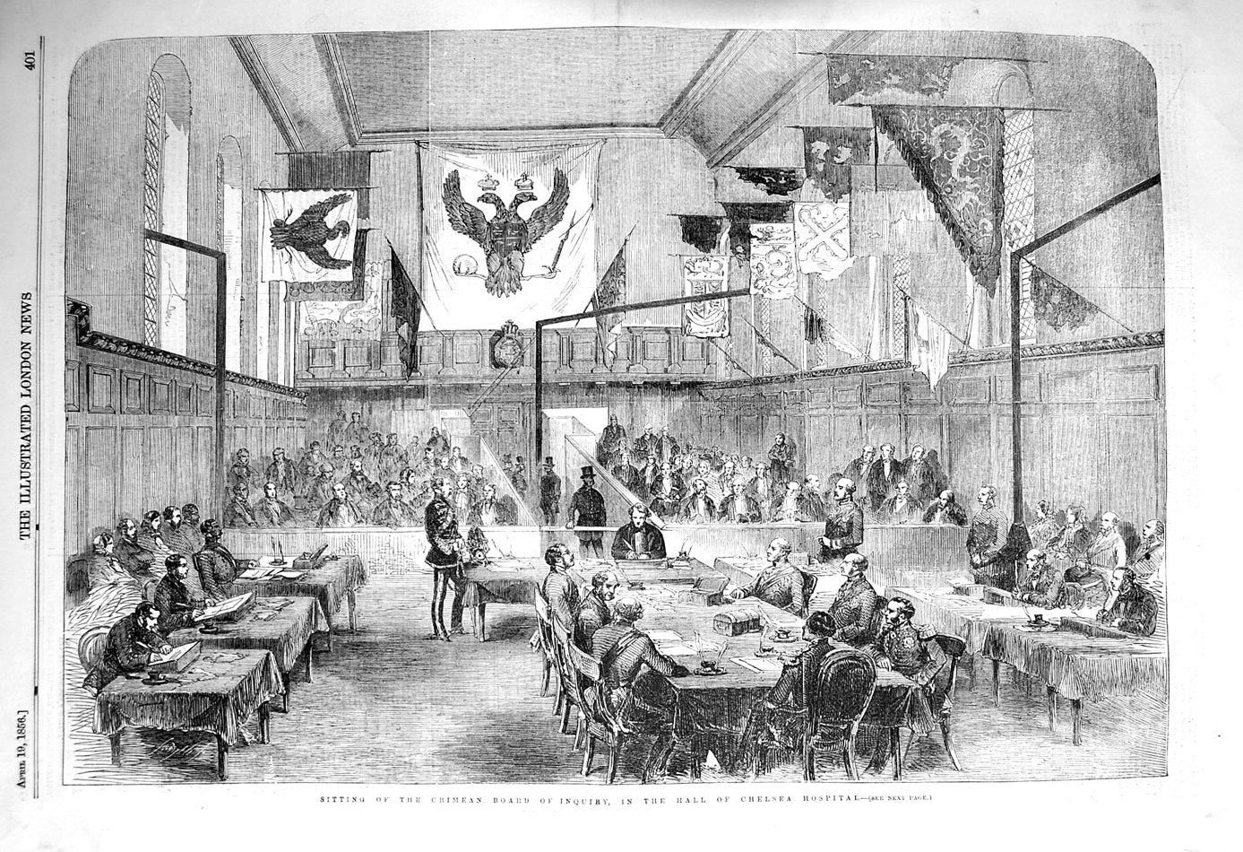 Original Old Antique Print 1856 Crimean Board Meeting Inquiry Chelsea Hospital