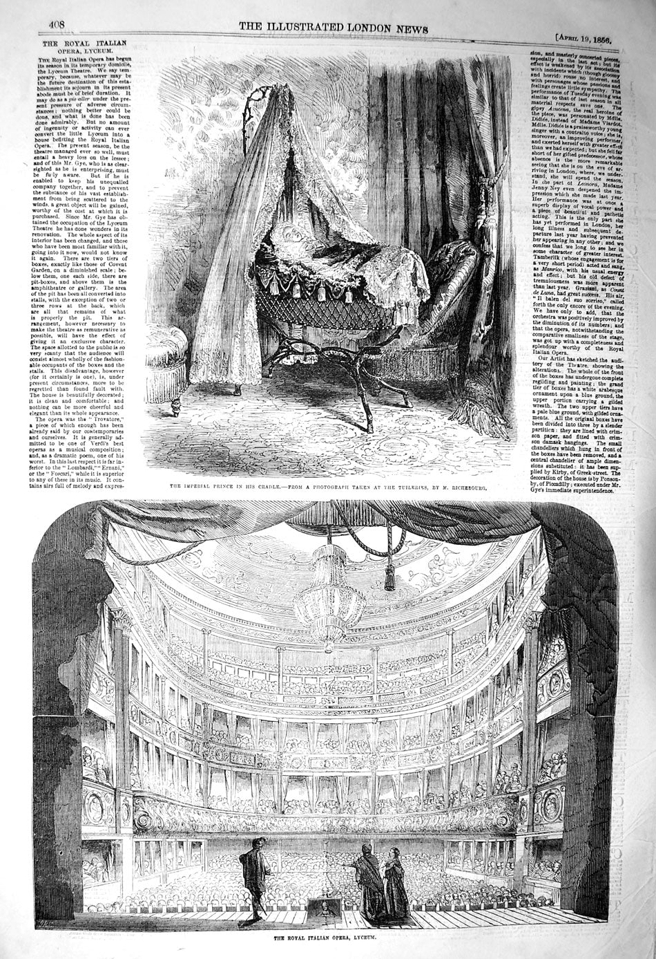 Original Old Antique Print 1856 Prince Cradle Tuileries Italian Opera Lyceum