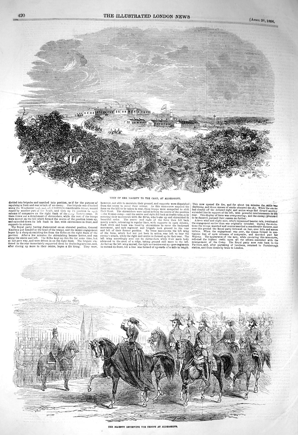 Original Old Antique Print 1856 Queen Military Camp Aldershott Reviewing Troops