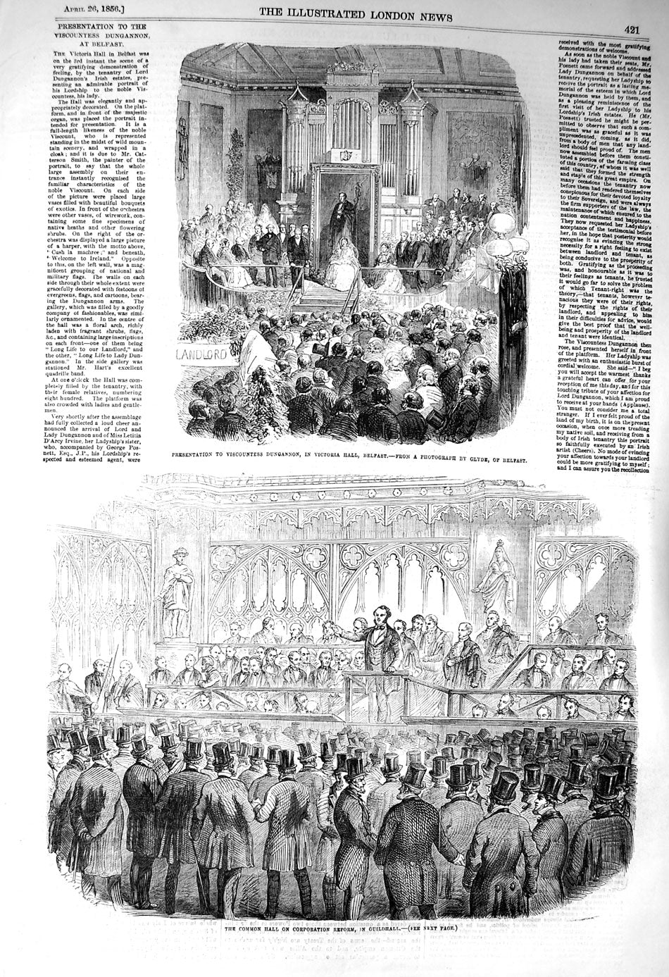 Original Old Antique Print 1856 Common Hall Reform Guildhall Dungannon Belfast