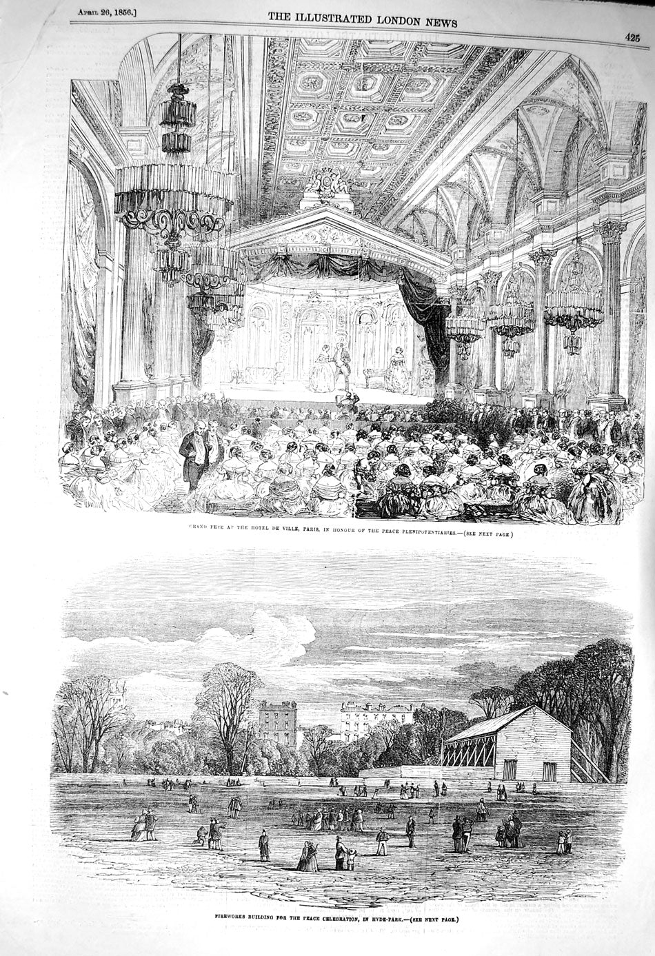 Original Old Antique Print 1856 Fete Hotel Ville Paris Plenipoteniaries Hy 19th