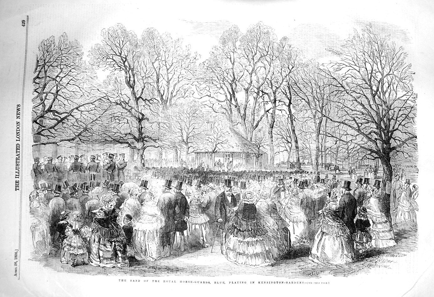 Original Old Antique Print 1856 Music Band Royal Horse Guards Kensington 19th