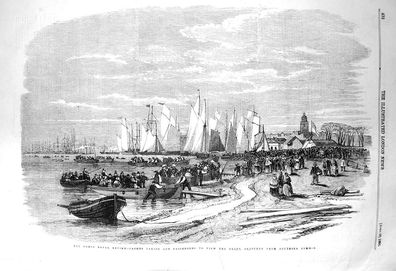 Antique Old Print *3217 1856 Grand Naval Review Yachts Ships Southsea Common