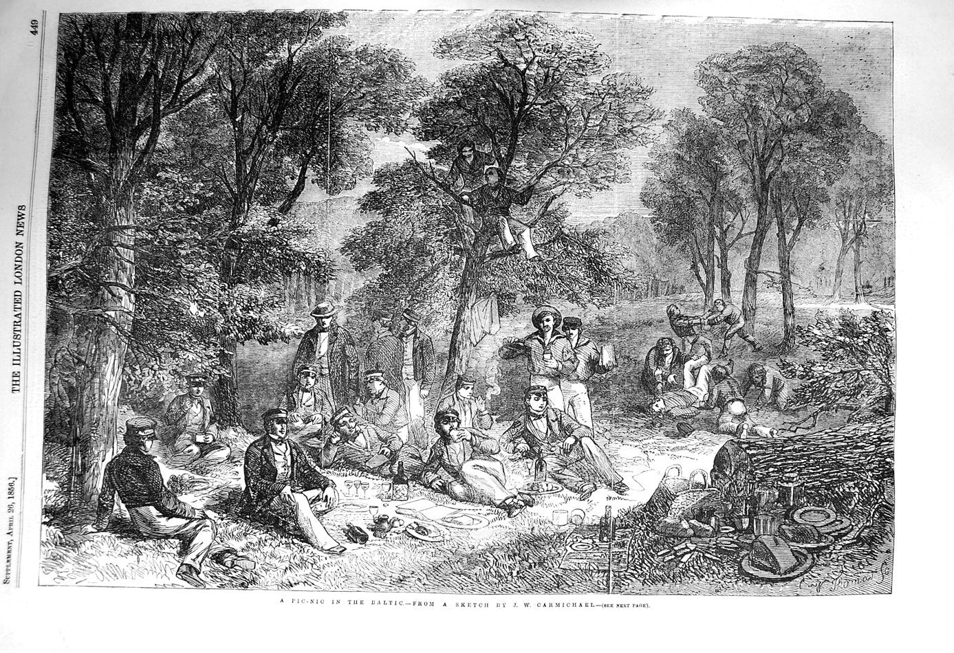 Original Old Antique Print 1856 Picnic Baltic Navy Men Uniforms Trees Victorian