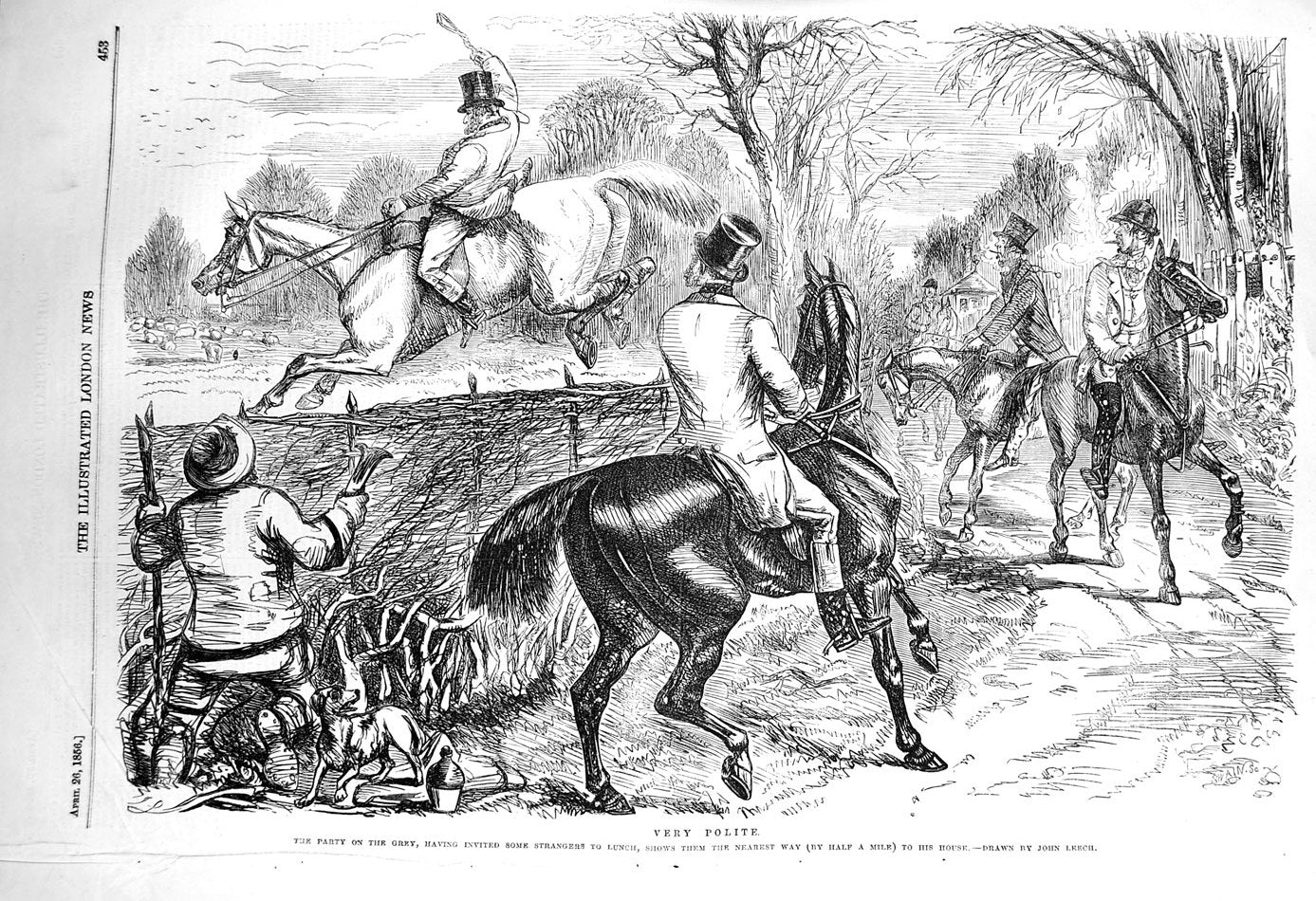 Original Old Antique Print 1856 Hunting Party Sport Huntsmen Countryside 19th