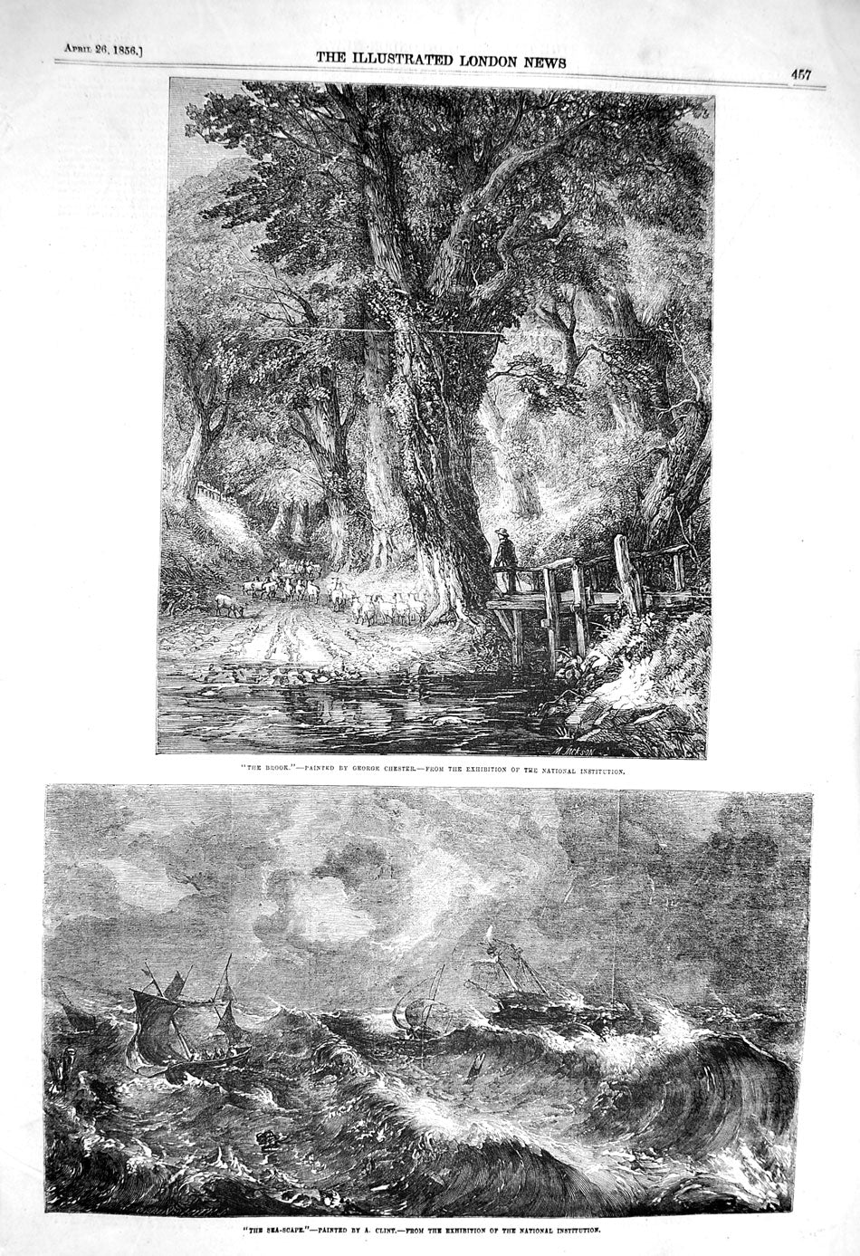 Original Old Antique Print 1856 Brook River Sheep Sea-Scape Ship Stormy Sea