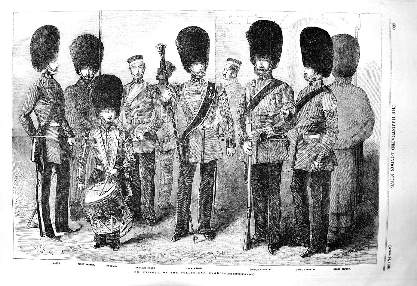 Original Old Antique Print 1856 Cstream Guards Uniform Drummer Sentry Major