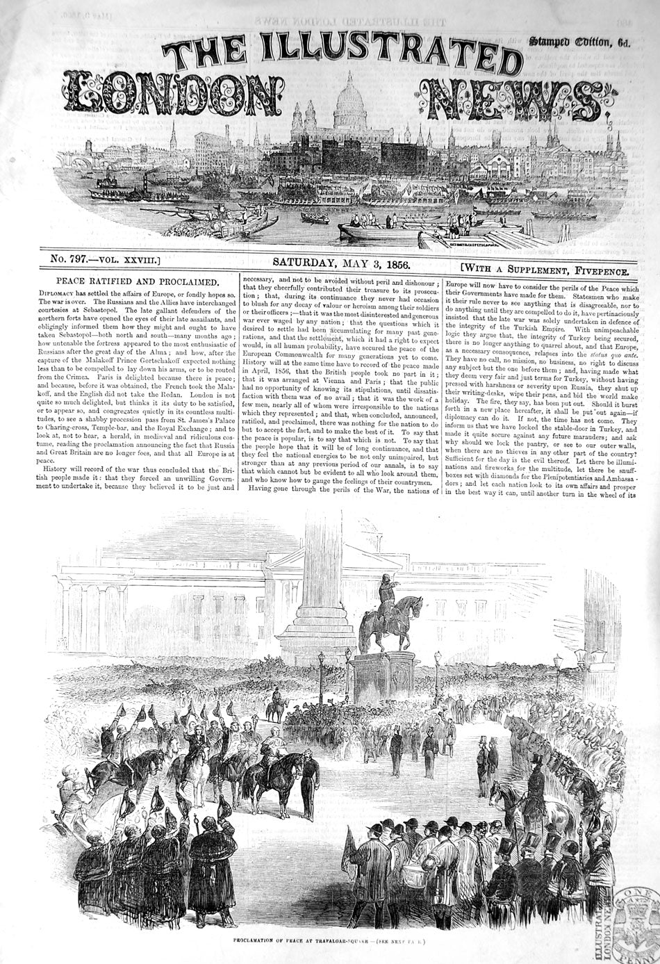Original Old Antique Print 1856 Proclamation Peace Trafalgar Square London 19th