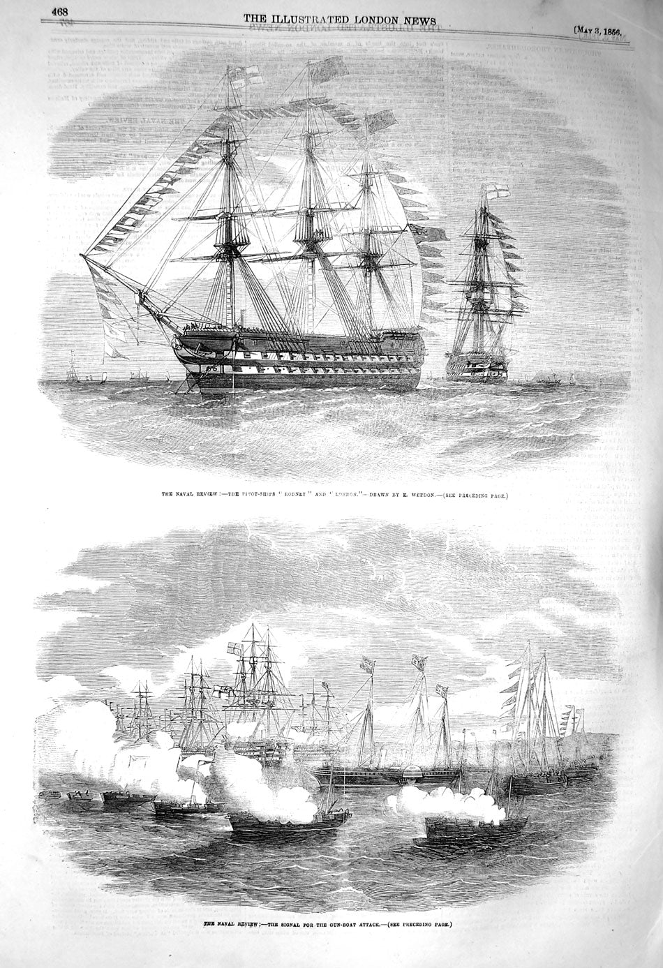 Original Old Antique Print 1856 Pivot Ships Rodney London Gun Boat Attack 19th