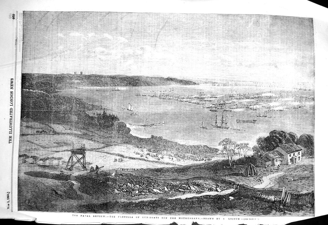 Antique Old Print *3216 1856 Naval Review Flotilla Gun-Boats Motherbank Ships