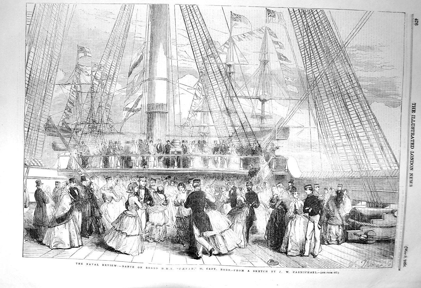 Old Antique Print 1856 Naval Review Dance Ship H.M.S. Caesar Captain Robb 19th