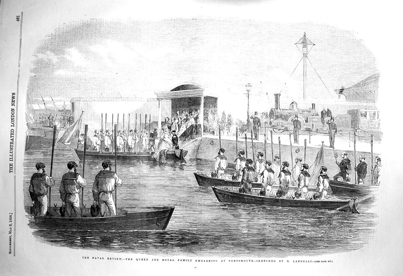 Old Antique Print 1856 Naval Review Queen Royal Family Portsmouth Boats 19th