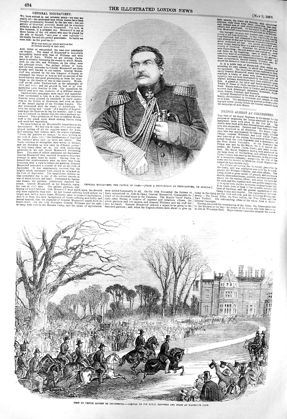 Old Antique Print 1856 General Mouravieff Kars Prince Albert Colchester 19th