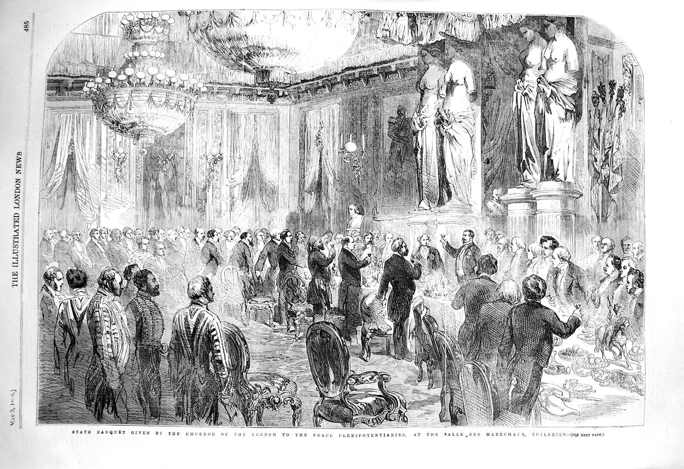 Original Old Antique Print 1856 Banquet Empror French Peace Salle Des Marechaux