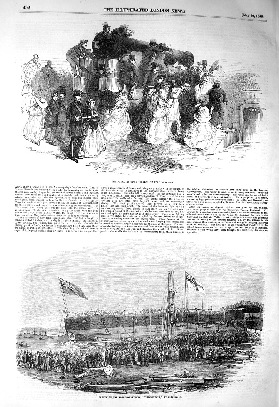 Old Antique Print 1856 Naval Review Fort Monckton Thunderbolt Blackwall 19th