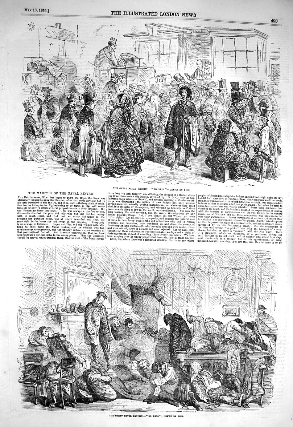 Original Old Antique Print 1856 Martyrs Great Naval Review Men Sleeping Phiz