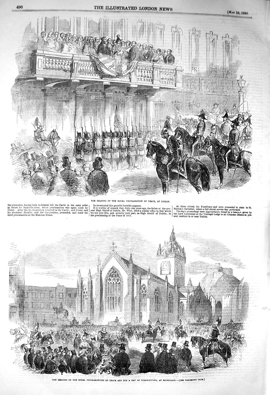 Original Old Antique Print 1856 Royal Proclamation Peace Dublin Edinburgh 19th