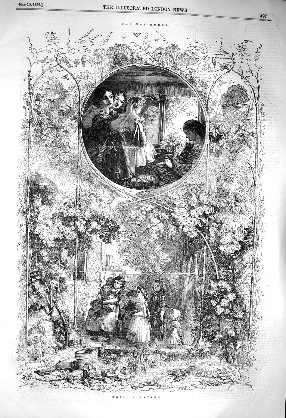 Original Old Antique Print 1856 May Queen Children Harvest Farming Victorian