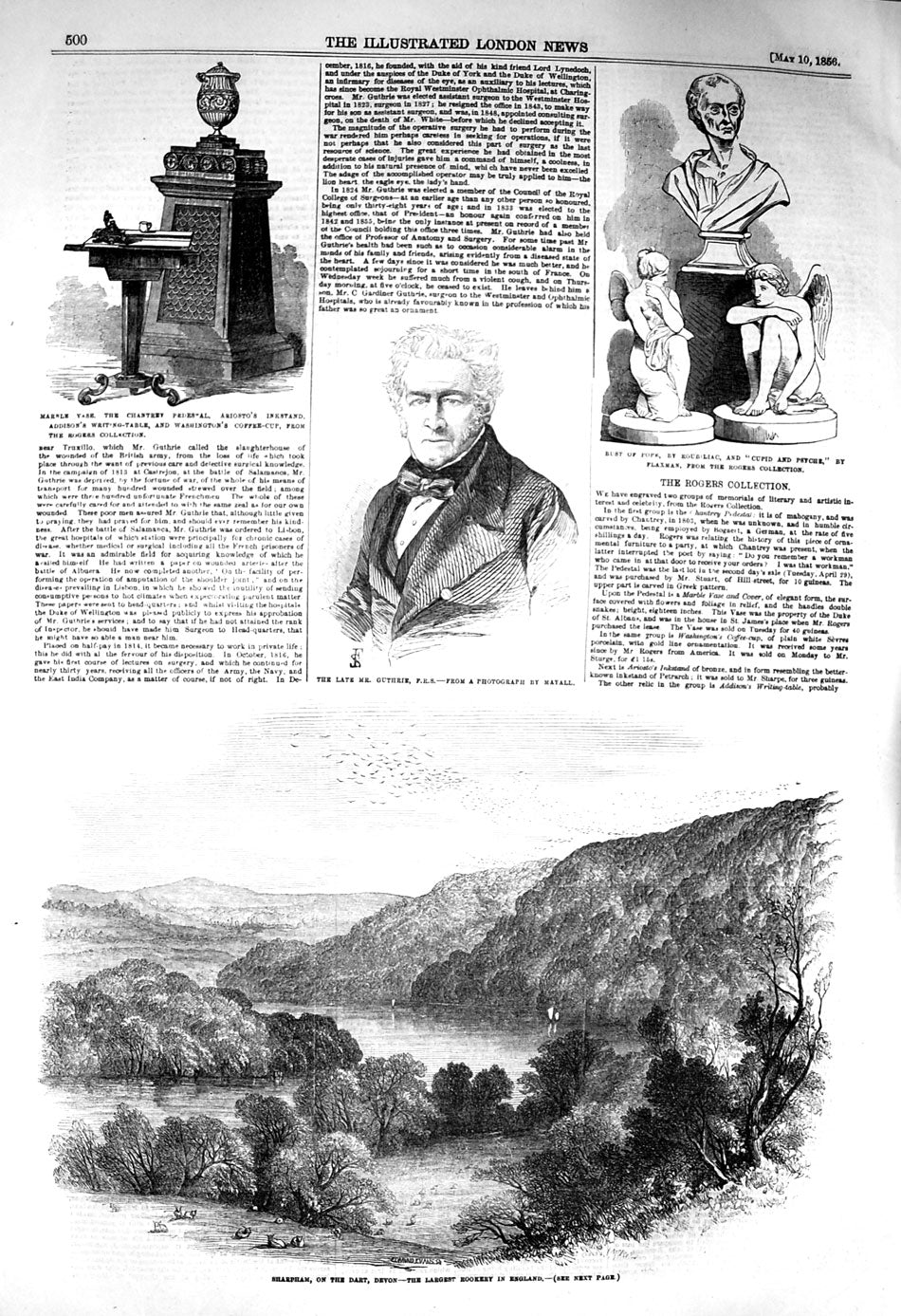 Original Old Antique Print 1856 Sharpham Devon Rooery Guthrie Bust Pope Ariosto